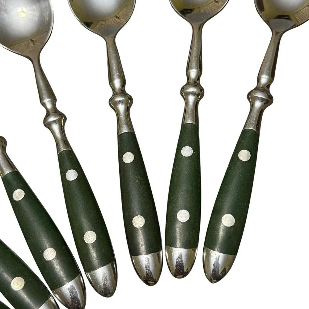 Set 7 Stainless Steel Teaspoons Green Rivet Handle Flatware Vintage